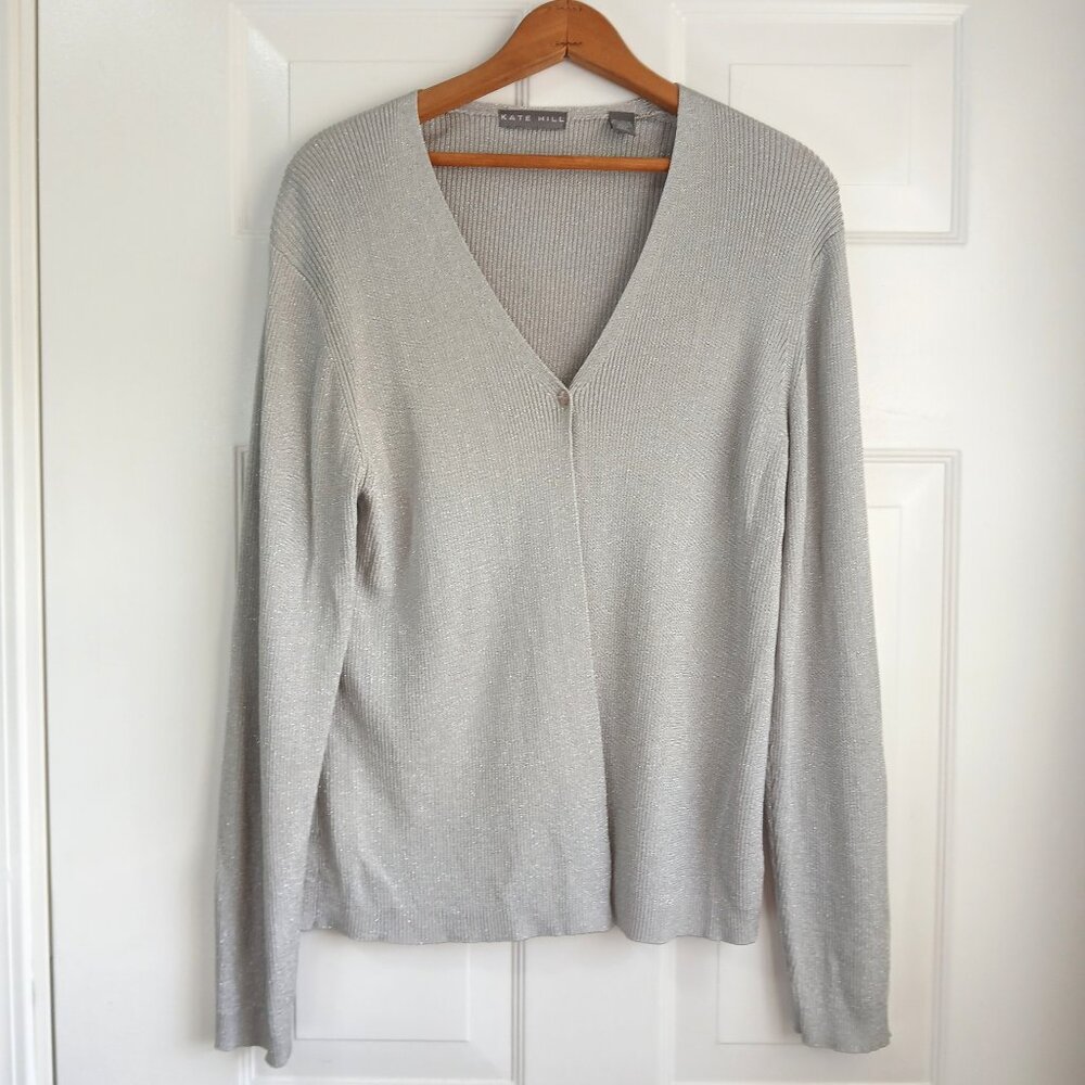 Kate Hill Silver Metallic One Button Cardigan Size Large